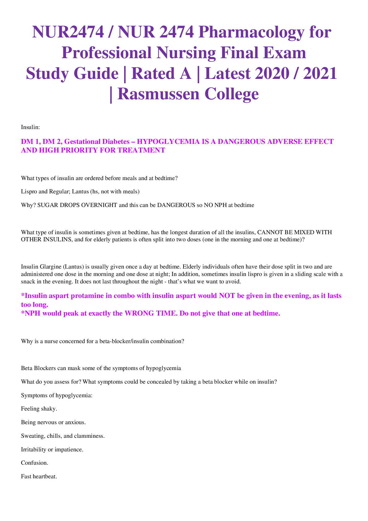 Preview of NUR2474 / NUR 2474 Pharmacology for Professional Nursing Final Exam Study Guide | Rated A